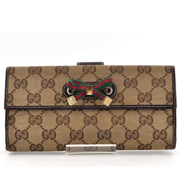 GUCCI GG Canvas Sherry Line Long Wallet Leather Brown Red Green Auth - Picture 1 of 10